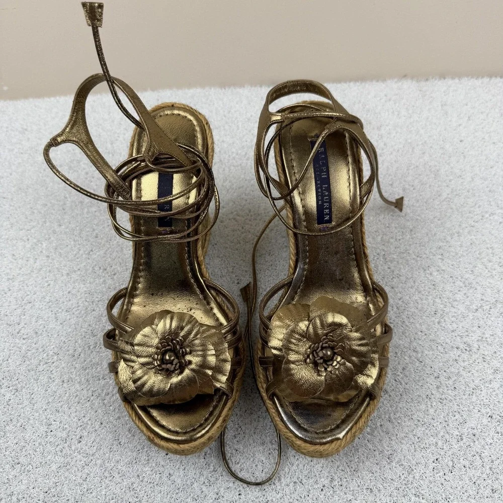 Ralph Lauren Purple Label Shoes Womens Size 7 Gold Espadrille Wedge Sandals Lace